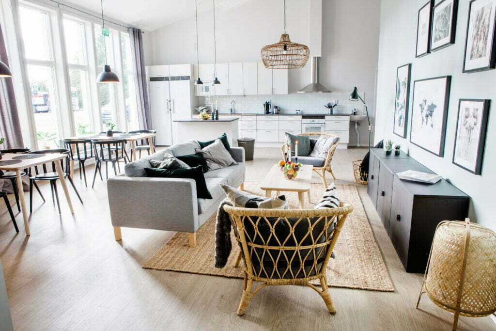 lounge with sofa and kitchen